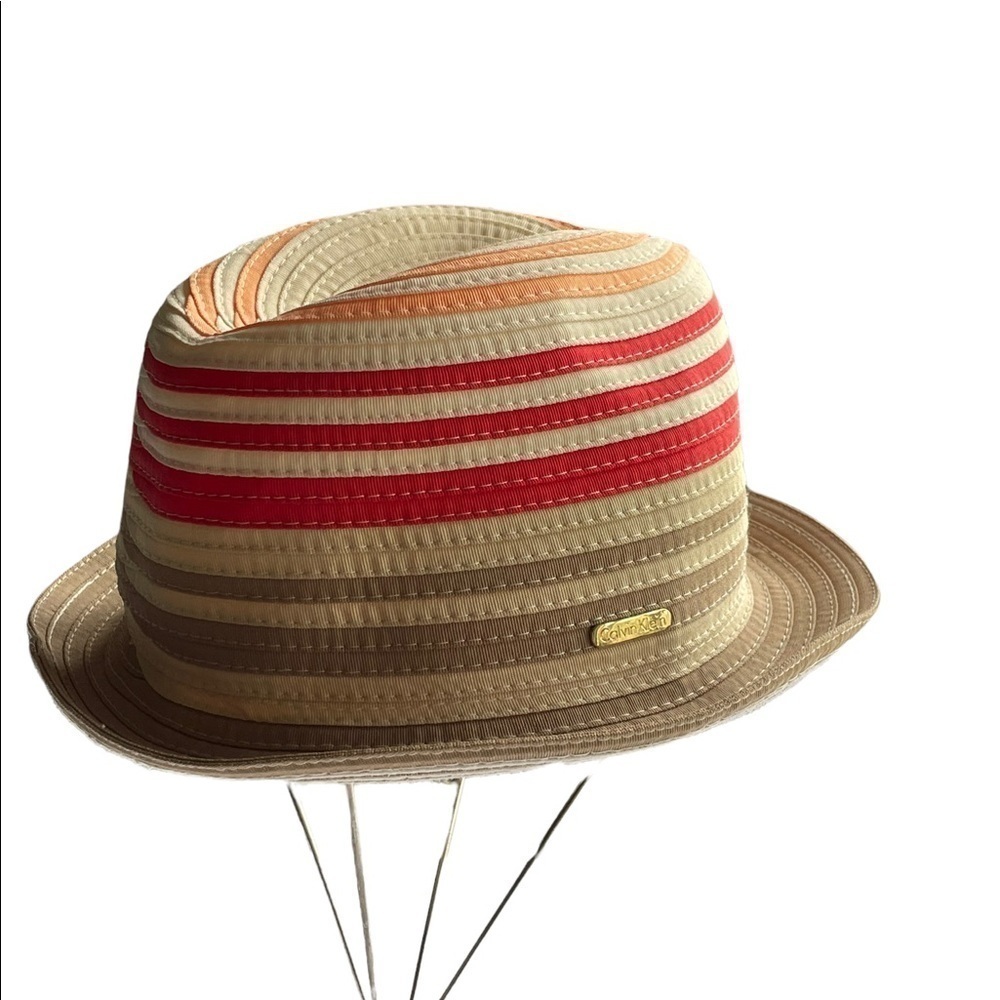 CALVIN Klein natural coral peach stripe summer hat.